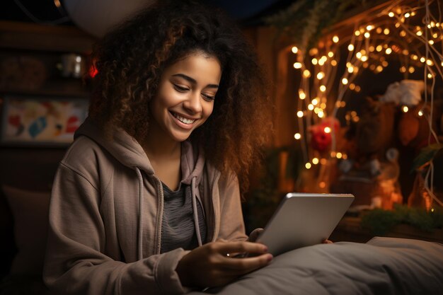 Красивая афроамериканская женщина использует планшет в постели дома
