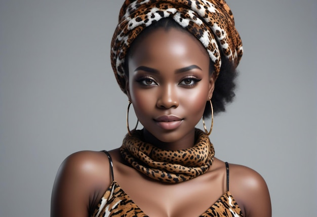 Beautiful african american woman wearing headscarf and leopard print