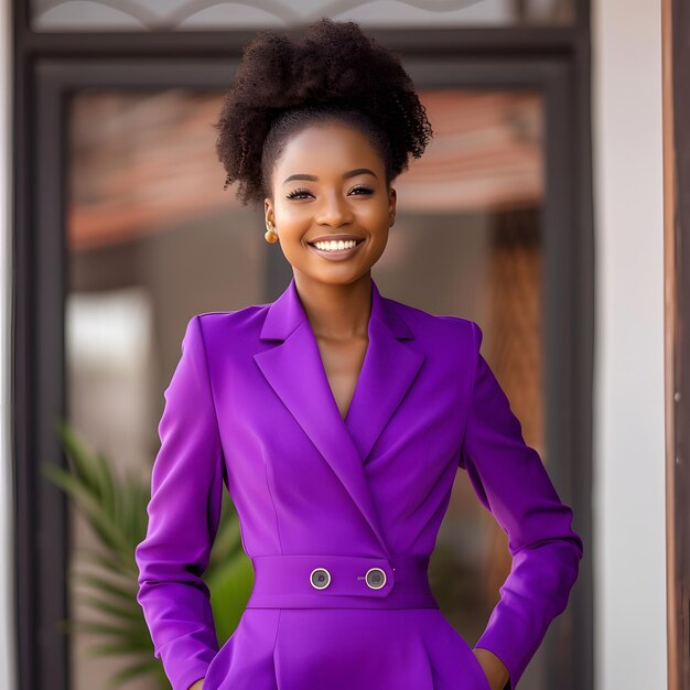Красивая афроамериканка в фиолетовом костюме позирует на открытом воздухе.