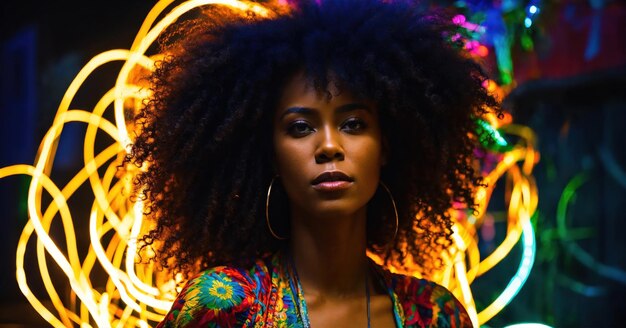 写真 美しいアフリカ系アメリカ人女性 アフロヘアスタイルで ライトアイジェネレーティブで描かれています