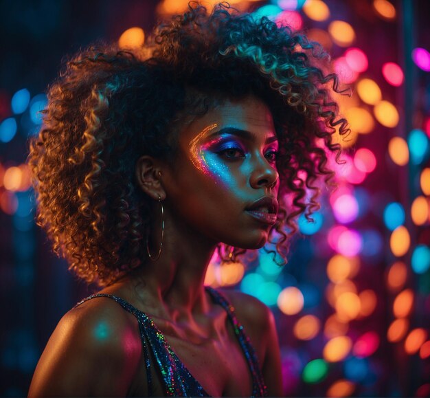 アフロヘアスタイルと明るいメイクアップの美しいアフリカ系アメリカ人女性