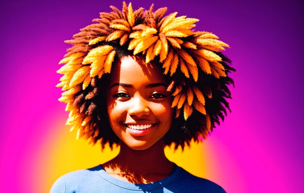 Beautiful african american woman with afro hairstyle on colorful background