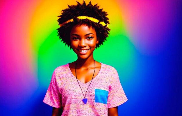 Beautiful african american woman with afro hairstyle on colorful background