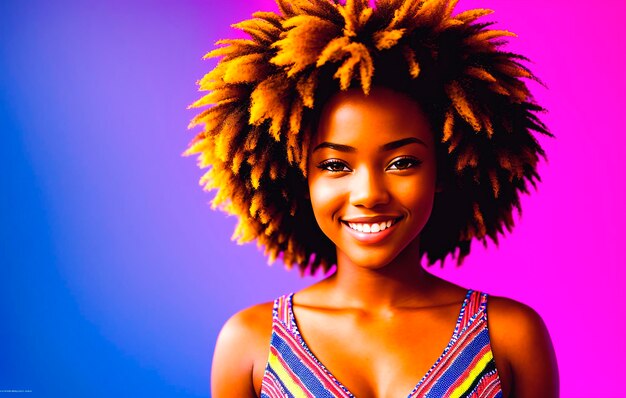 Красивая афроамериканская женщина с афро прической на красочном фоне