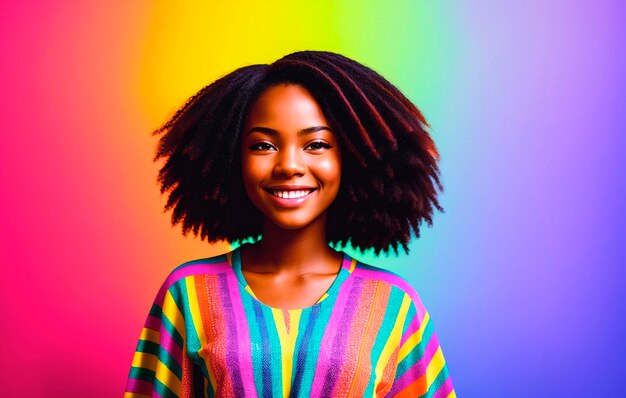 Beautiful african american woman with afro hairstyle on colorful background