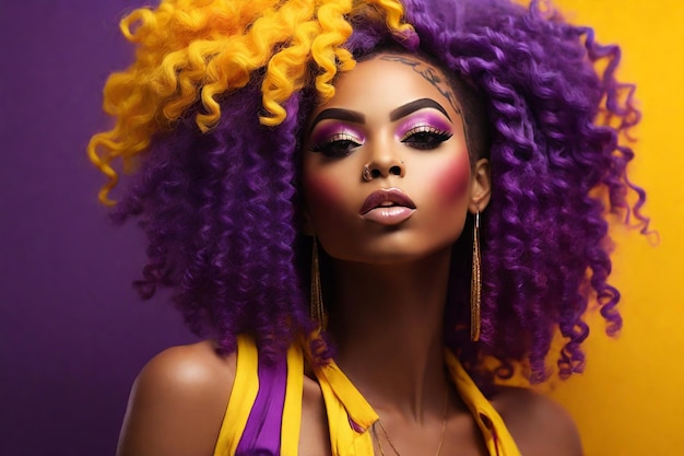 아프로 헤어 스타일 과 다채로운 메이크업 을 가진 아름다운 아프리카계 미국인 여자
