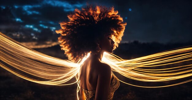 Foto bella donna afroamericana con i capelli afro e delineati in luce ai generativo