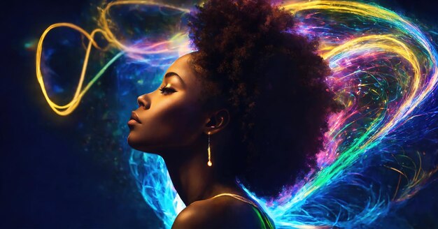 Beautiful african american woman with afro hairstyle and outlined in light ai generative