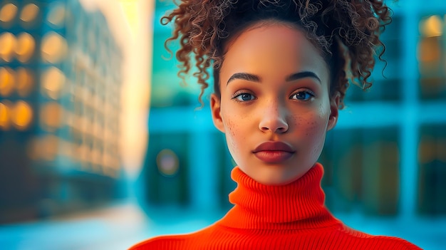 Beautiful african american woman with afro hairstyle and red turtleneck posing outdoors