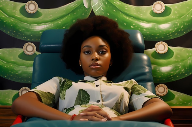 Beautiful african american woman with afro hairstyle sitting in armchair in beauty salon