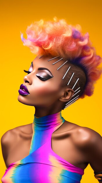 Beautiful african american woman with colorful hair on yellow background