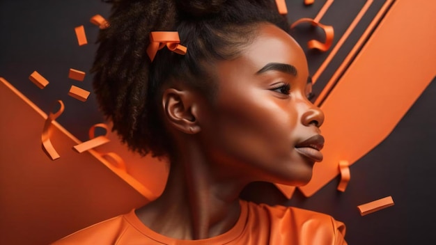 Прекрасная афроамериканка с кудрявыми волосами в оранжевом генеративе.