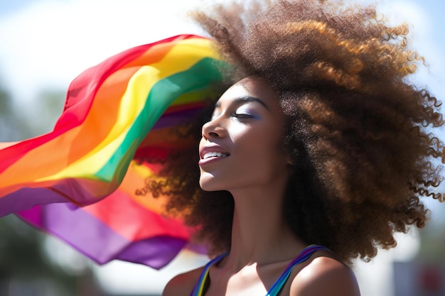 Beautiful african american woman with curly hair and rainbow flag