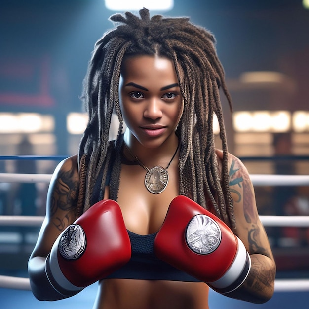 ボクシングの手袋をかぶったドレッドロックの型の美しいアフリカ系アメリカ人女性