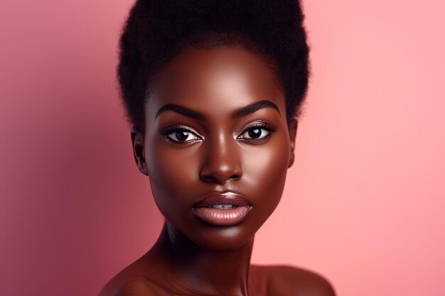 Beautiful african american woman with perfect skin on pink background