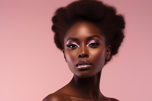 Beautiful african american woman with perfect skin on pink background