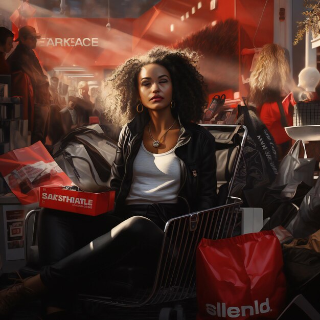 Beautiful African American woman with a shopping cart in a shopping mall