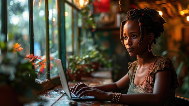 Photo beautiful african american woman working on laptop at cafe