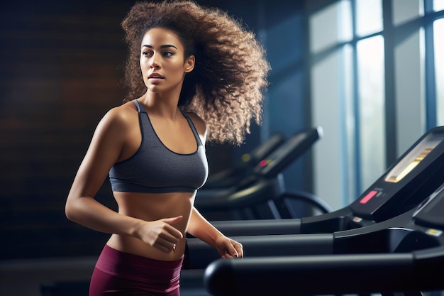 Beautiful African American woman working out on a treadmill in the fitness room