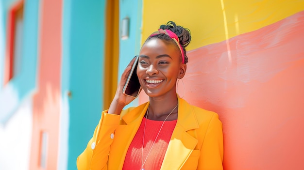 Beautiful african american woman in yellow jacket with mobile phone