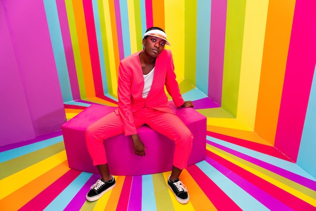 Photo beautiful african american young woman dancer having fun inside a rainbow box room