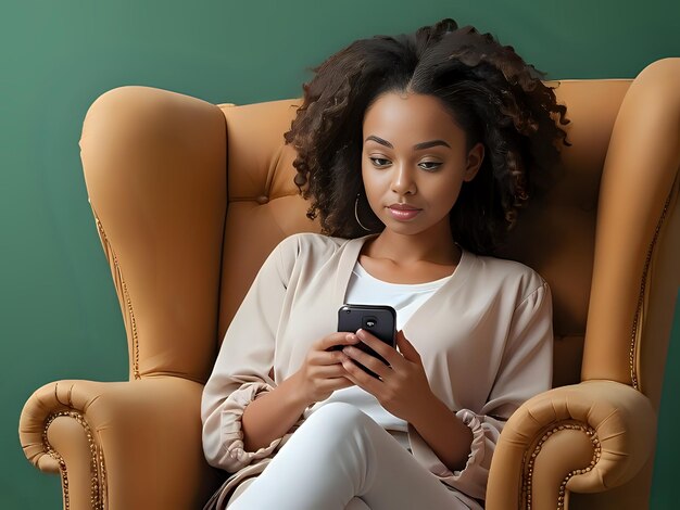 Photo a beautiful african businesswoman or female executive manager sits at her home and uses a smartphone