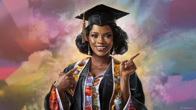 Beautiful african female graduate smiling pointing finger in side