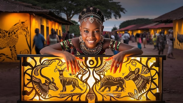 아름다운 아프리카 소녀가 빛의 벽을 통해 미소 짓고 있습니다.