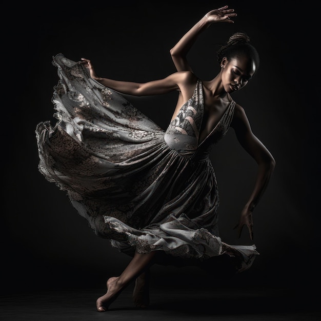 カラフルなドレス衣装を着た美しいアフリカの女の子が、劇的な攻撃的な跳躍ダンスの動きをします。