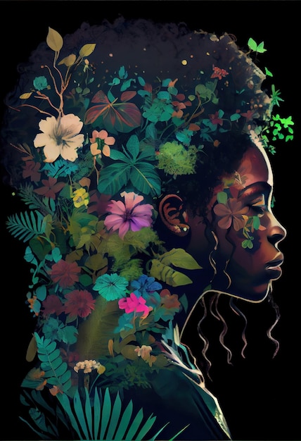 Beautiful african woman covered with blossom springtime flowers