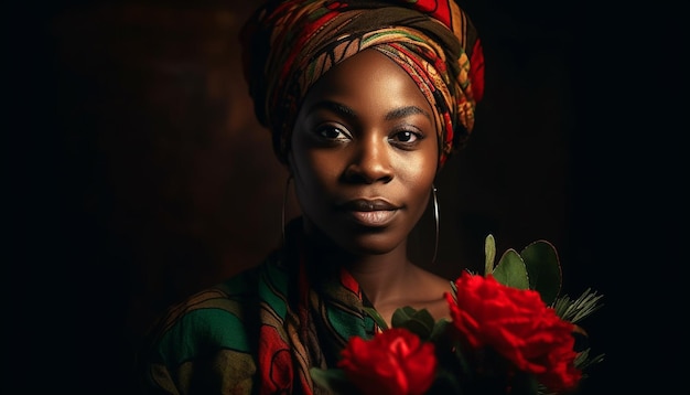 Beautiful African woman exudes confidence and elegance in close up portrait generated by AI