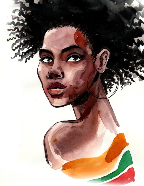 美しいアフリカの女性。インクと水彩画