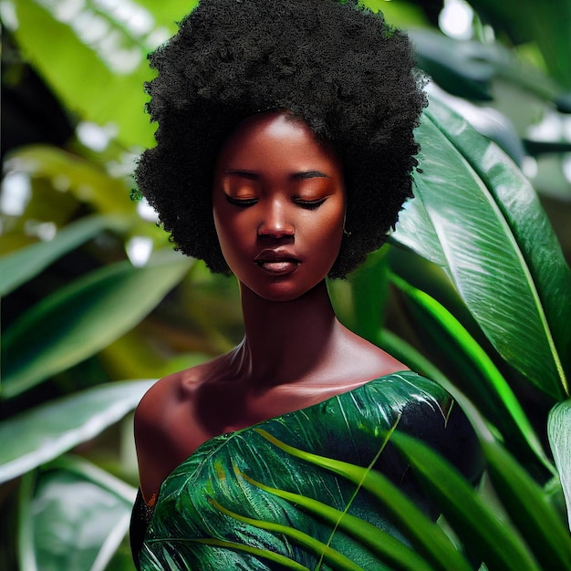 Beautiful African woman portrait with plants and flowers 3d rendering