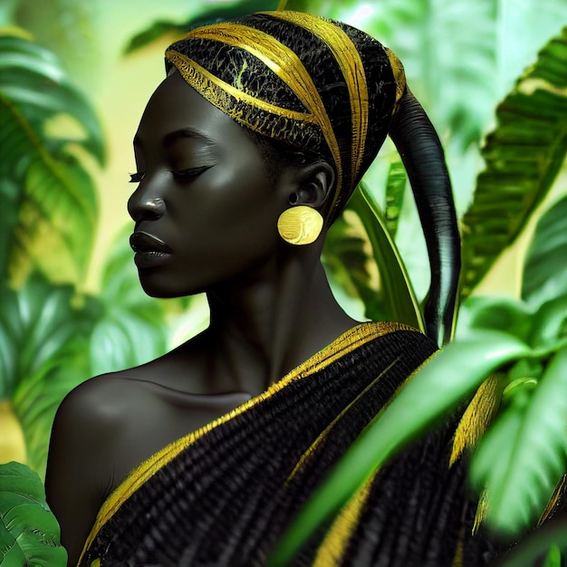 Beautiful African woman portrait with plants and flowers 3d rendering