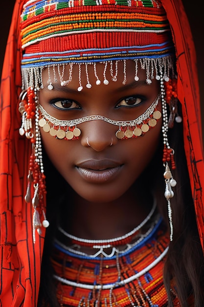 Beautiful african woman in traditional costume closeup portrait