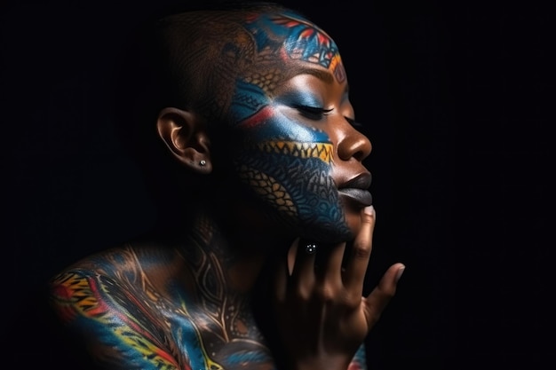 Beautiful African woman with black skin body art Generative AI