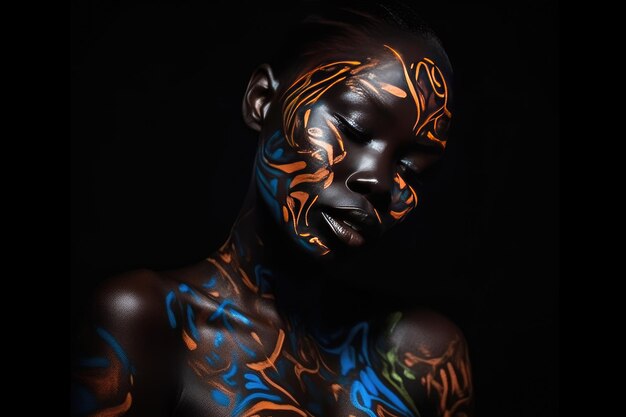 Beautiful African woman with black skin body art Generative AI