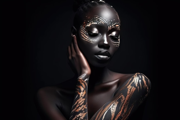 Beautiful African woman with black skin body art Generative AI