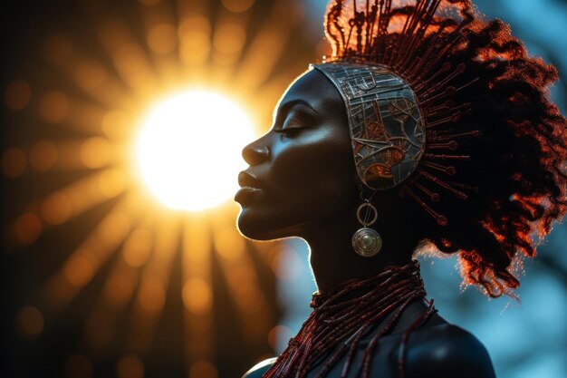 beautiful african woman with bright red hair in front of the sun