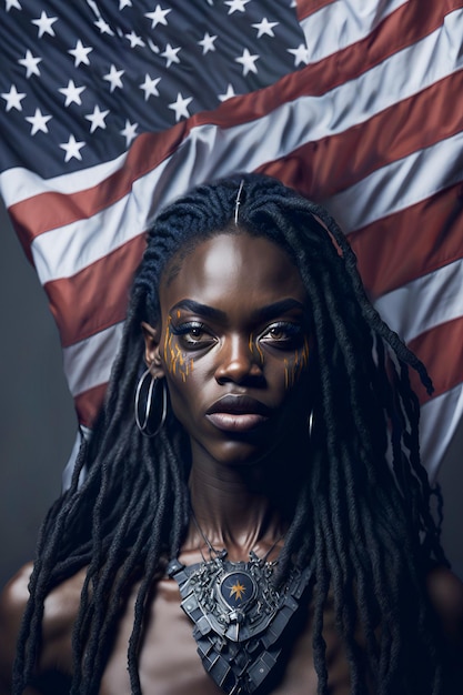 a beautiful african woman with front of us flag