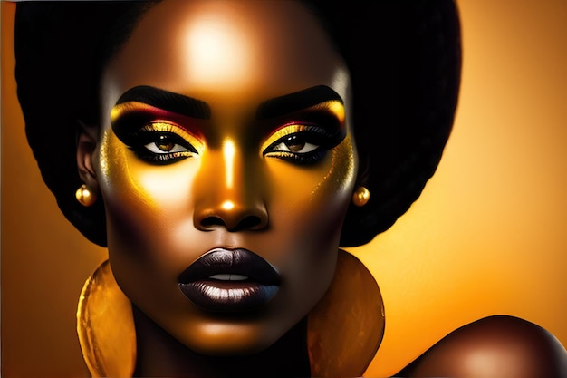 황금 메이크업으로 아름다운 아프리카 여성 멋진 모델 여성 검은색과 금색 금속 메이크업