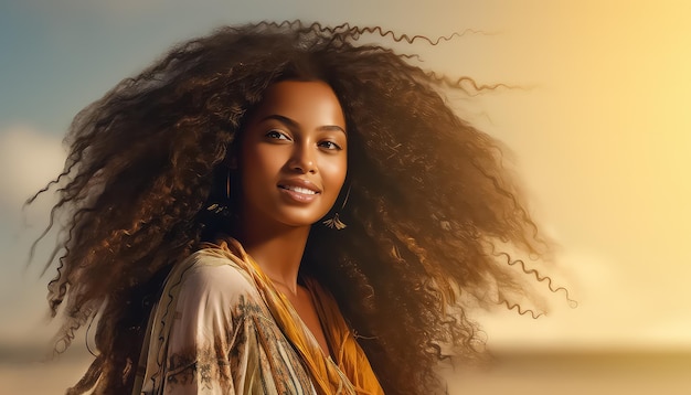 beautiful african woman with large hair on beach