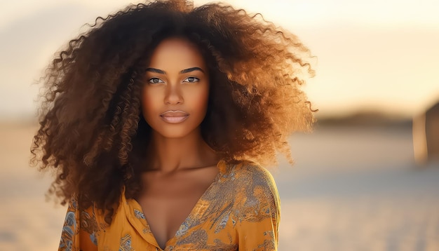 ビーチで大きな髪を持つ美しいアフリカ女性