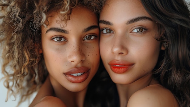 A beautiful African woman with long extensions and red lipstick standing next to a beautiful Indian woman with long curly hair