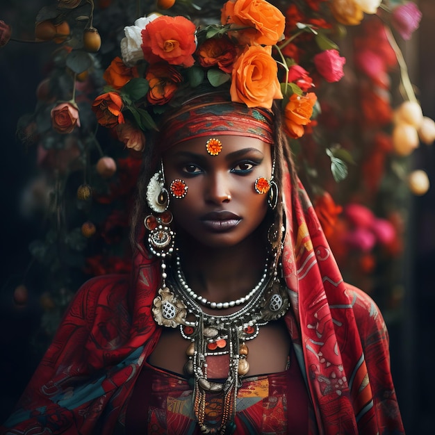 Foto belle donne africane con fiori sulla testa.