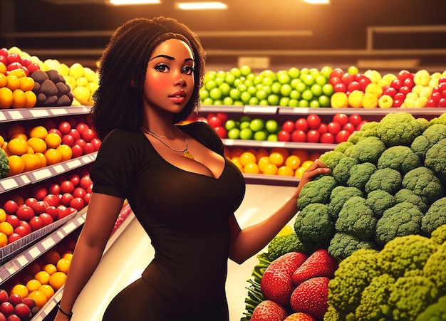 A beautiful AfricanAmerican girl is shopping in a supermarket against the background of vegetables and fruits Generative AI