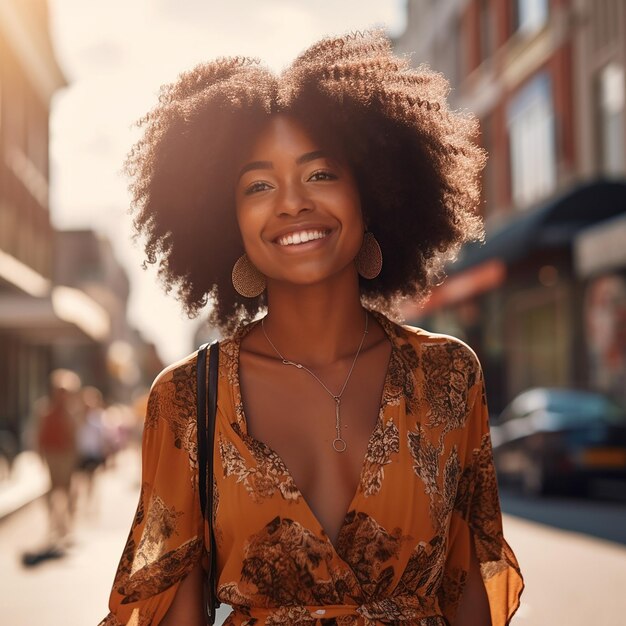 아름다운 아프리카계 미국인 소녀가 도시 거리에 서서 웃고 있습니다.