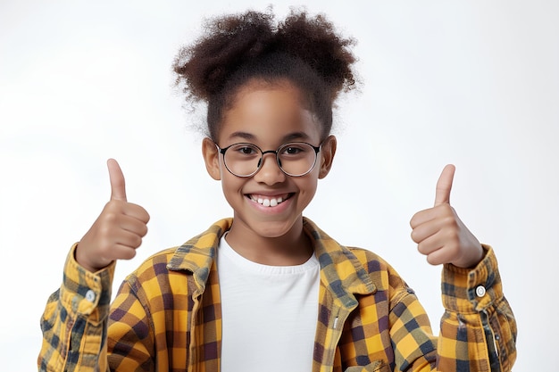 안경을 쓴 아름다운 아프리카계 미국인 소녀가 웃고 안경을 쓴 채 엄지손가락을 치켜세웁니다.