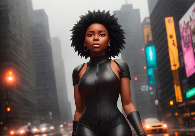 A beautiful AfricanAmerican woman is a superhero against the background of an evening city on a cloudy day Generative AI