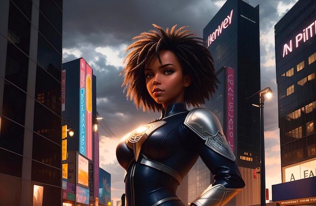 A beautiful AfricanAmerican woman is a superhero against the background of an evening city on a cloudy day Generative AI
